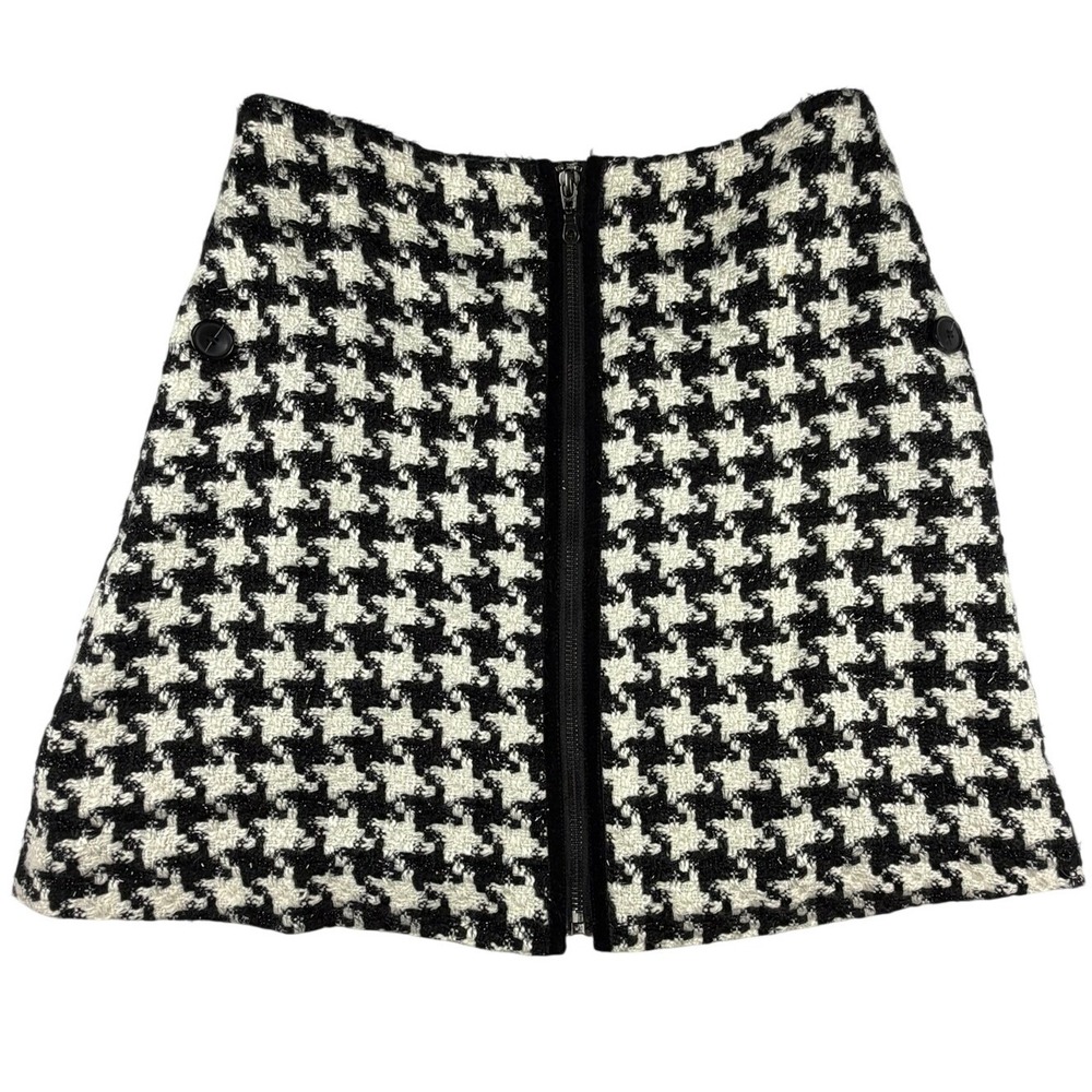 Anthropologie Evira Black/White Houndstooth Shine Tweed Mini Skirt Women 0P Zip